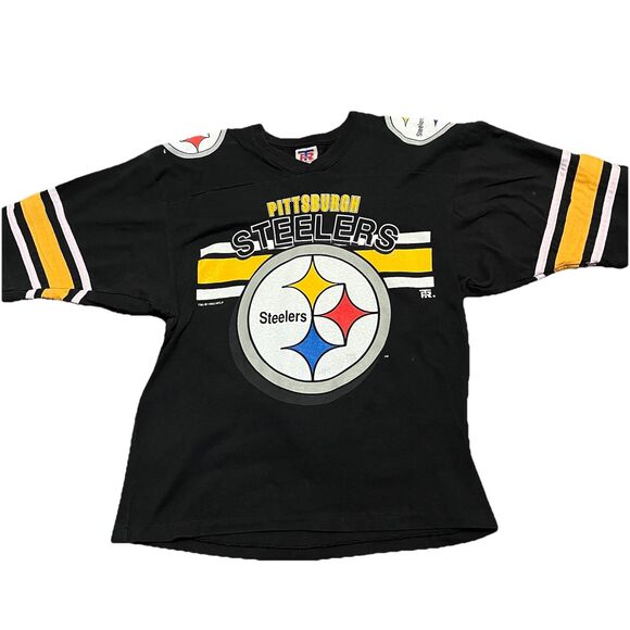 Pittsburgh Steelers NFL 1996 Big Print Striped Sleeves Jersey Style T Shirt Med - Picture 6 of 8